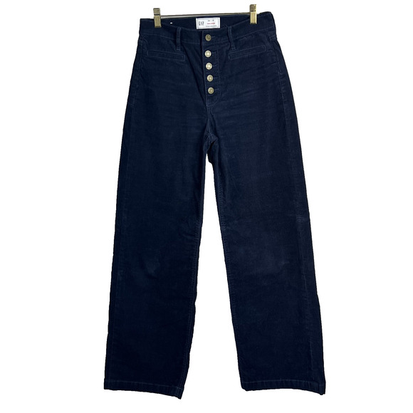 GAP Pants Women's Size 26 2 R Navy High Stride Corduroy Wide-Leg Exposed Button - Picture 1 of 10